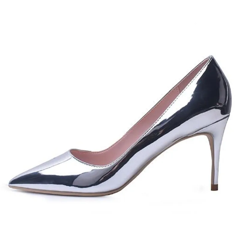 

Women Pumps Heeled Shoes Patent Leather Slip On 8CM Thin High Heels Pointed Toe Sexy Party Wedding Shallow Women Shoes Silver