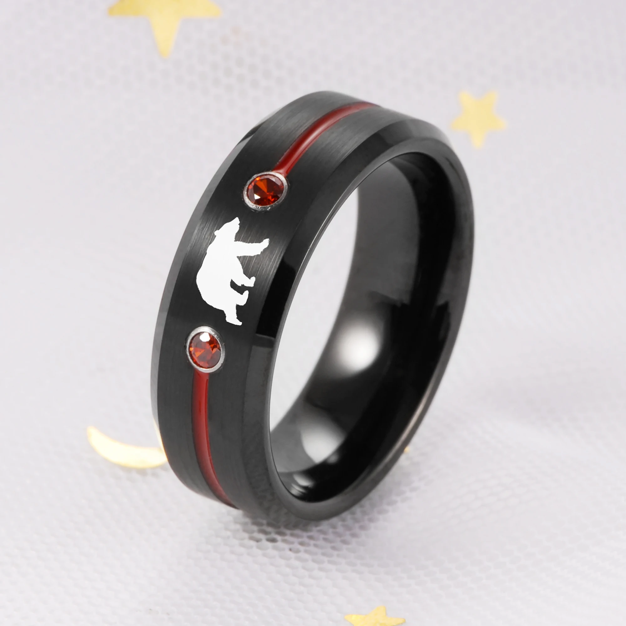 8mm Bear Laser Engraving Ring Black Tungsten Wedding Band with Red CZ & Red Groove Men’s Brushed Tungsten Ring Anniversary Ring