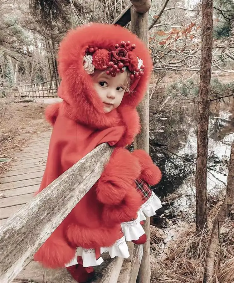 

Spanish Children Wind-proof Fox Fur Princess Coat Wool Jacket Baby Thickened Toddler Girl Winter Clothes Christmas Jacket