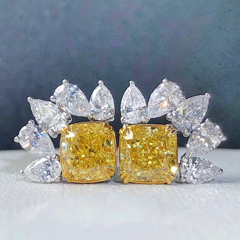 Huitan Luxury Princess Square Yellow CZ Stud Earrings for Women Bright Accessories Lovely Female Earrings Party Fashion Jewelry