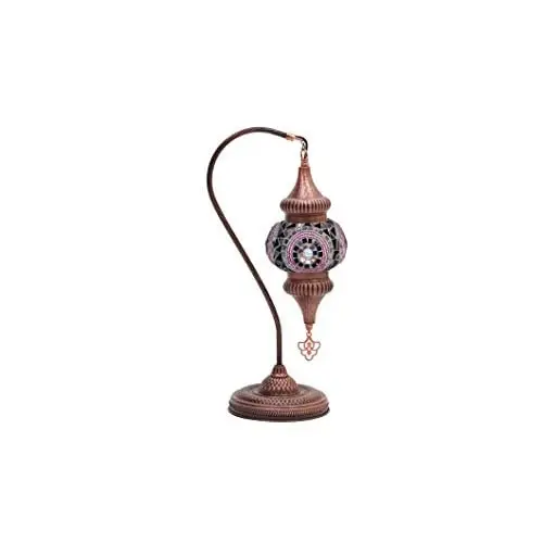 

LaModaHome English Moroccan Handmade Mosaic Glass Swan Neck Table Lamp Light with Decorative Copper Fixture for Bedroom, Livingr