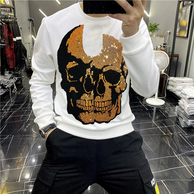 

Oversized Hot Diamond Skull Men's Hoodie Pure Cotton Warmth Fashion Street Pullover Hip-Hop Tops Trend