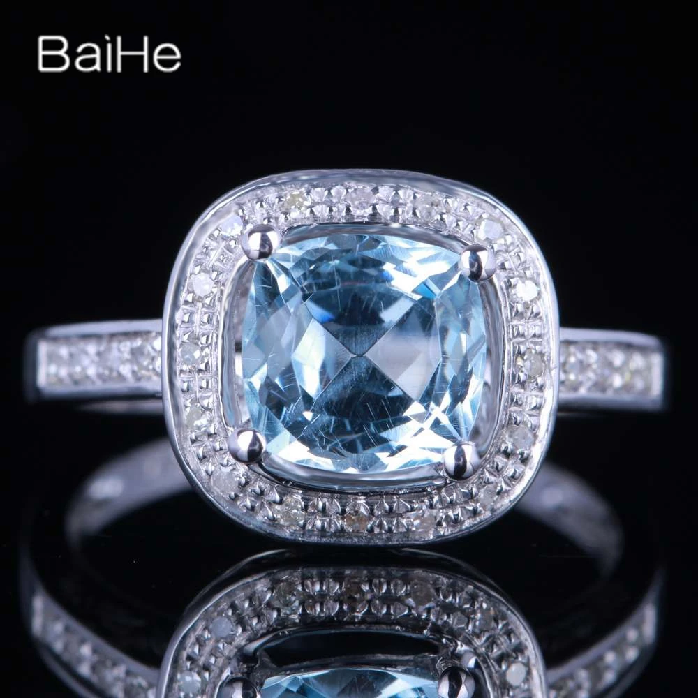 

BAIHE Solid 14K White Gold 1.9CT Sky Blue Topaz Cushion Wedding Gift Engagement Women Trendy Fine Jewelry Blue Topaz Ring