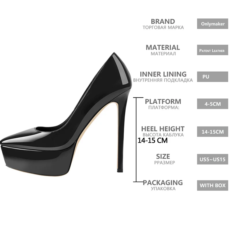 Onlymaker Women Pointed Toe Platform Pumps Concise Slip On Thin High Heels Patent Leather Matte Black Big Size Elegant Shoes