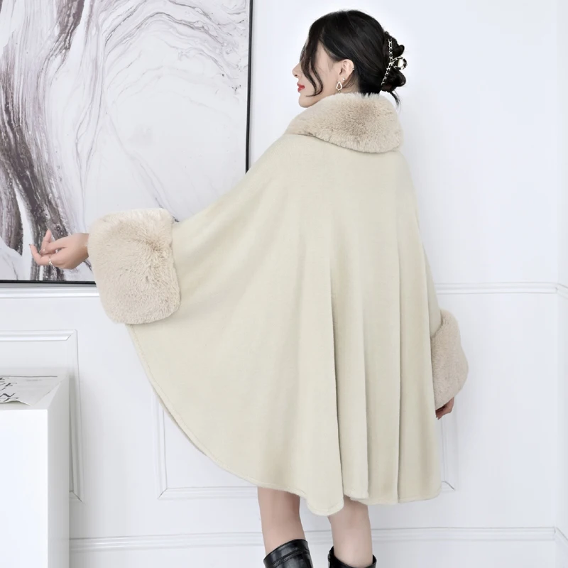 Soft Luxury Faux Rabbit Fur Coat Cape Long Winter Women Wide Turndown Collar Overcoat Knit Cardigan Party Cloak Shawl Big