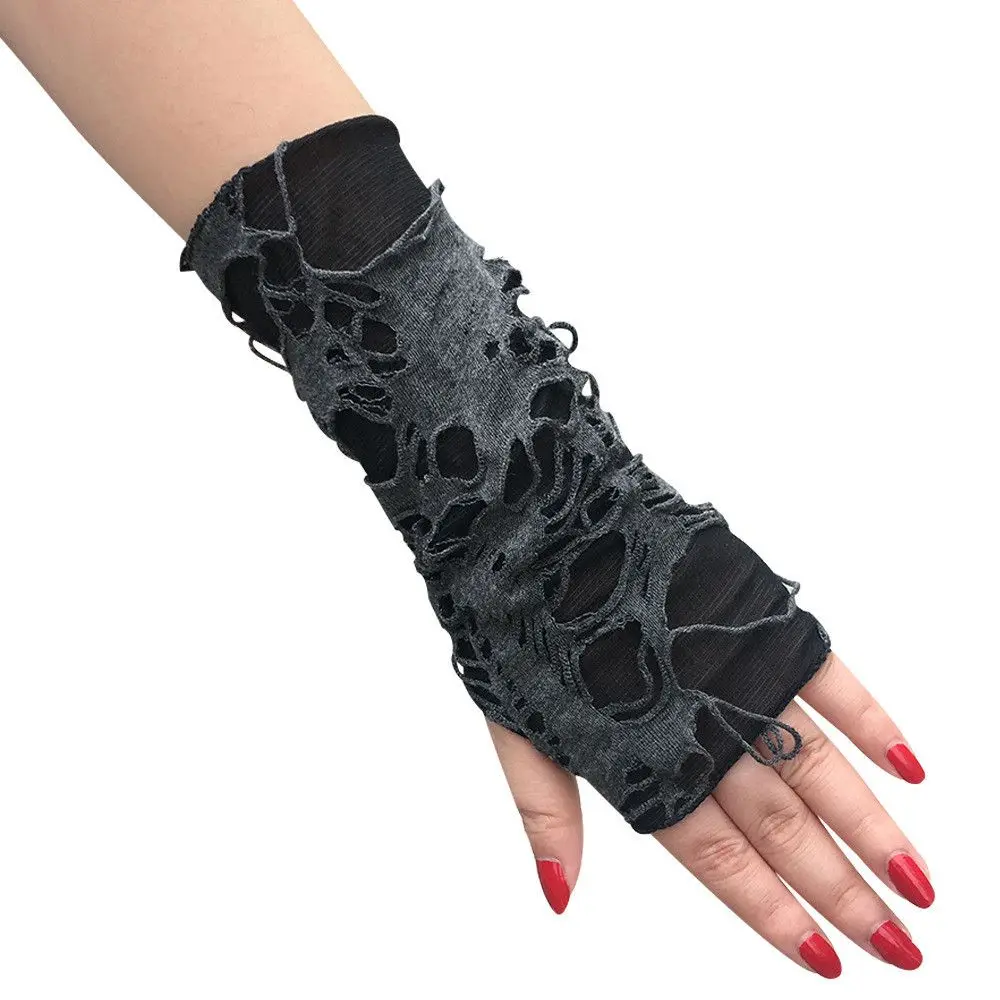 Cosplay Party Women Fingerless Long Arm Warmer Gothic Beggar Style Halloween Gloves Hole Punk Mittens