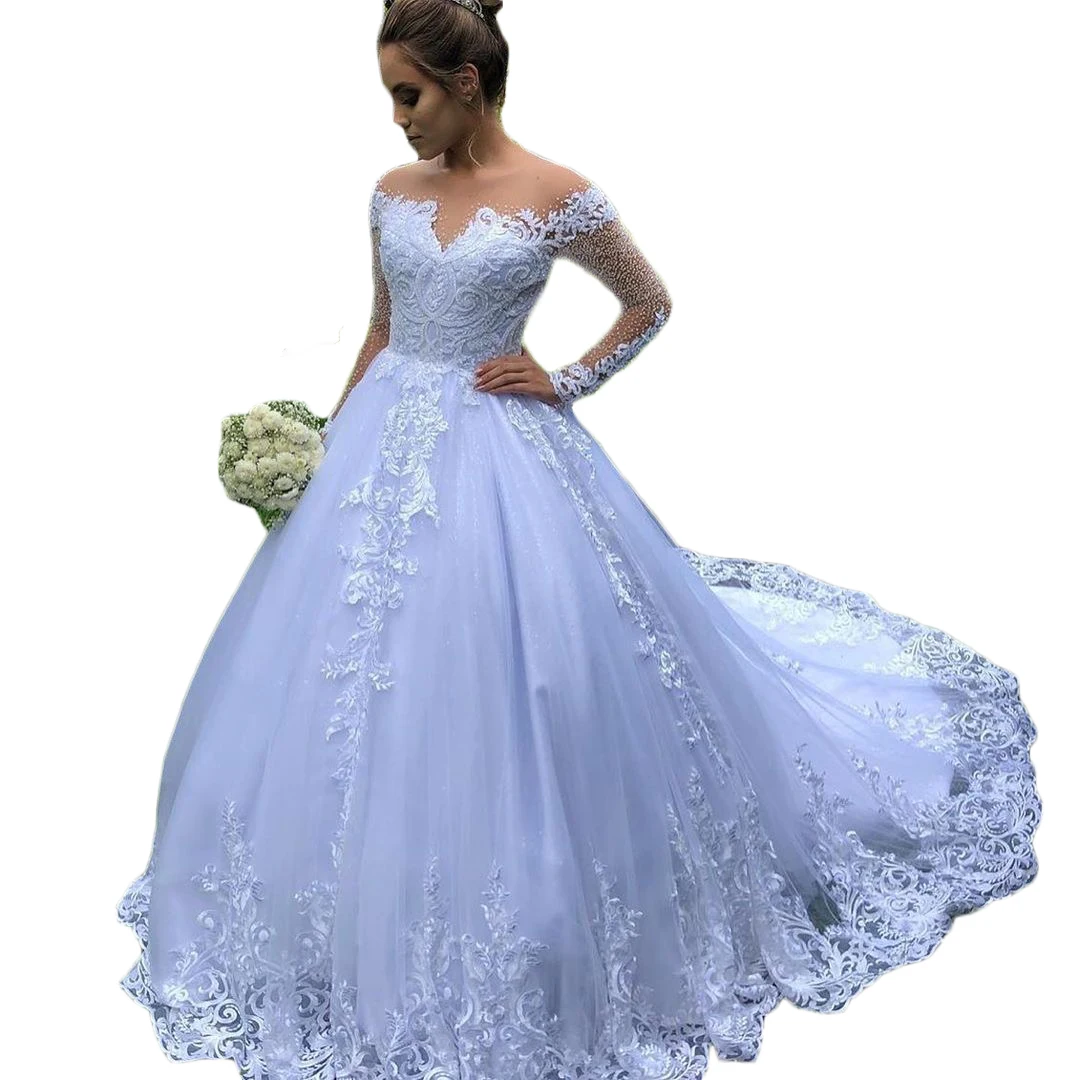 Luxuriöse Brautkleider mit Juwelen, langen Ärmeln, Spitzenapplikationen, Brautkleider, maßgeschneidertes Brautkleid mit Knopfleiste hinten und Schleppe in A-Linie