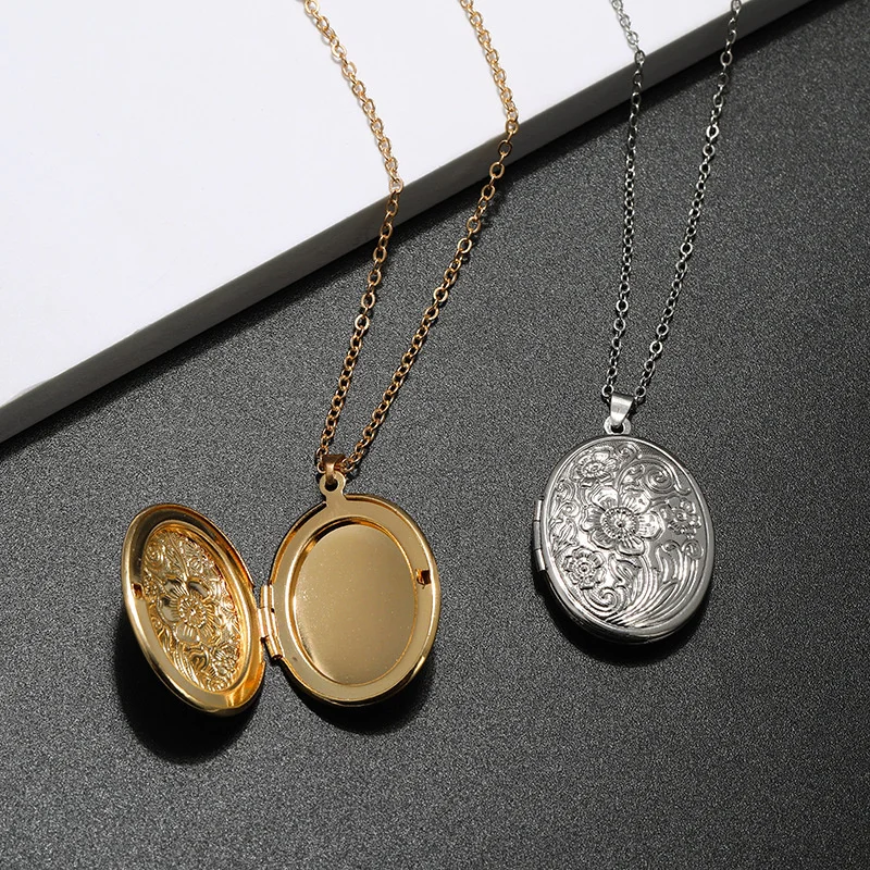 New Nordic Style Oval Carved Flower Stripe Locket Pendant Necklace Women Romantic Vintage 2 Colors Openable Photo Locket Jewelry