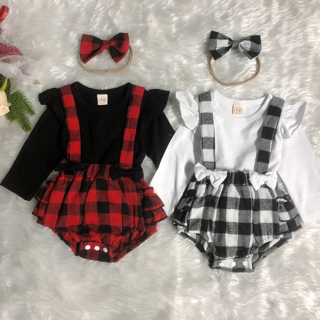 Baby Spring Autumn Clothing Infant Plaid Print Ruffle Long Sleeve Romper + Suspenders Shorts + Bow Headband Set