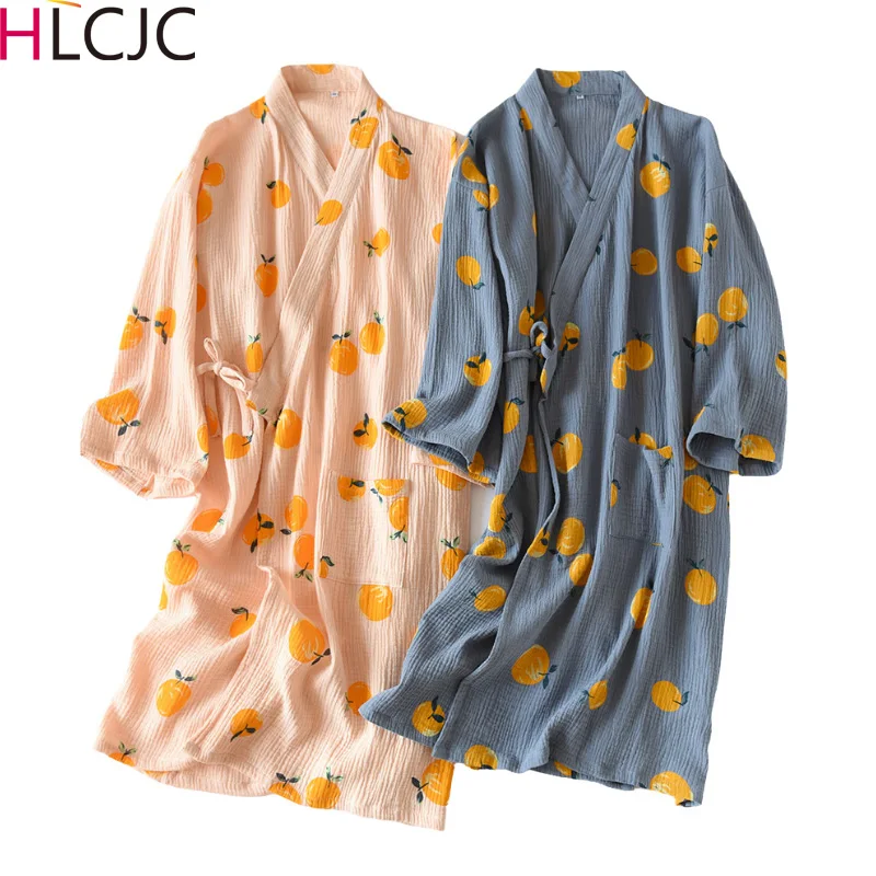 2023 Japanese Style Kimono Spring Summer New 100% Cotton Crepe Ladies Thin Nightgown Women Bathrobe Robe Home Service Pajamas