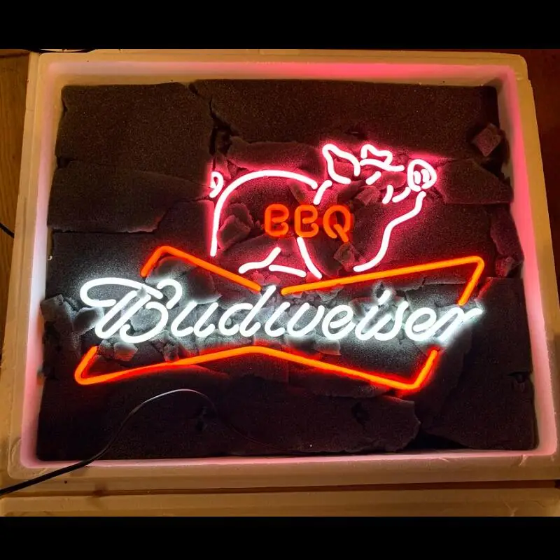 Custom BBQ Pig Meats Budweise Glass Neon Light Sign Beer Bar