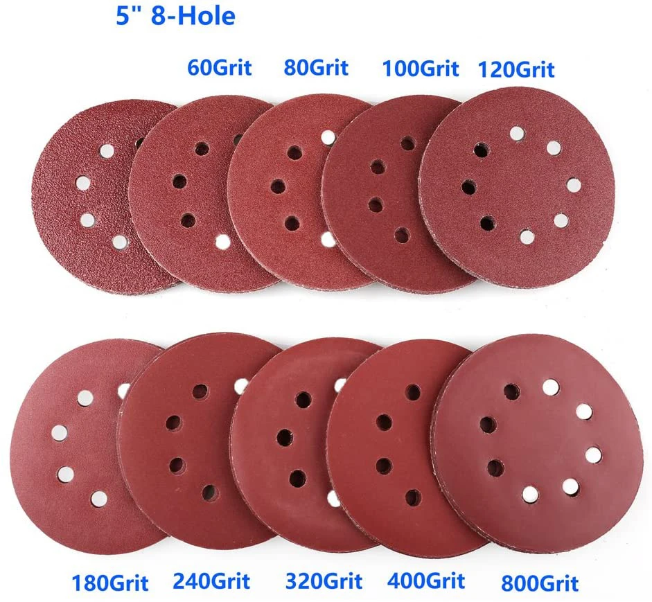 100PCS 5 인치 8 홀 샌딩 디스크 40 60 80 100 120 180 240 320 400 800 그릿 모듬 샌드페이퍼, 후크 및 루프