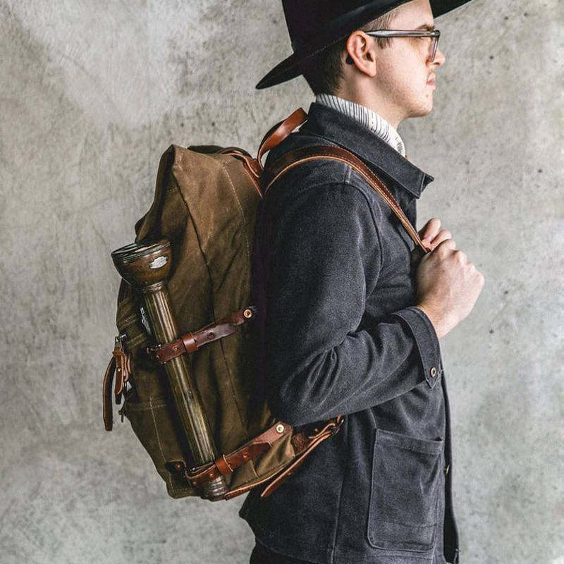 Handmade Waxed Canvas Leather Backpack for Men Vintage Roll Top Rucksack Travel Anti-theft Backpacks Waterproof Camping Hiking