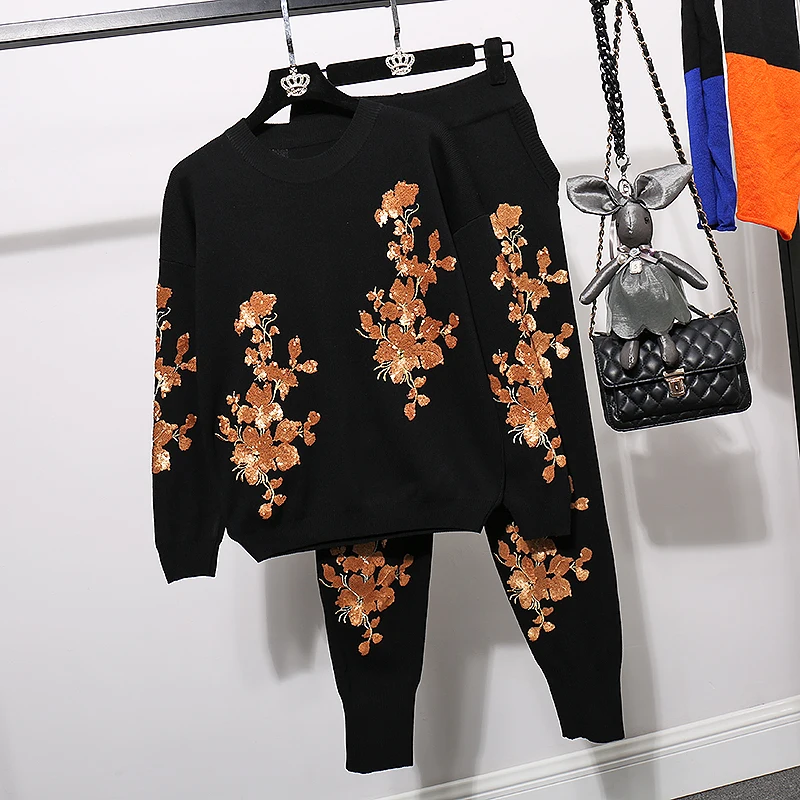 

2021Spring Flower Embroidery Knit Sweaters Set Female Casual Tracksuits 2pcs Pullover Tops Harem Pants Two Pieces Set Autumn