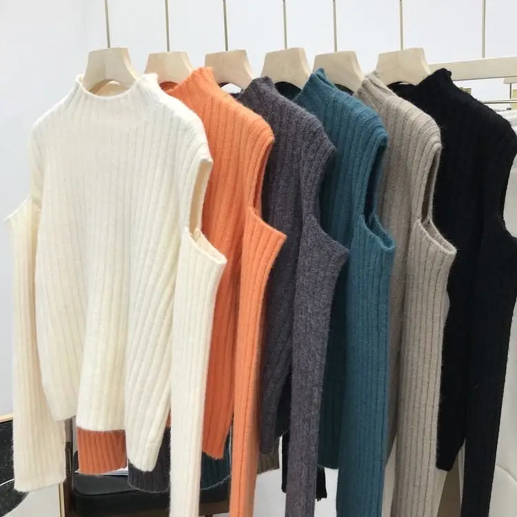 Sexy Slash Neck Patchwork Knit Women Sweater 2020 Autumn winter Long Sleeve Pullovers Female Fashion off shoulder tops Sweater