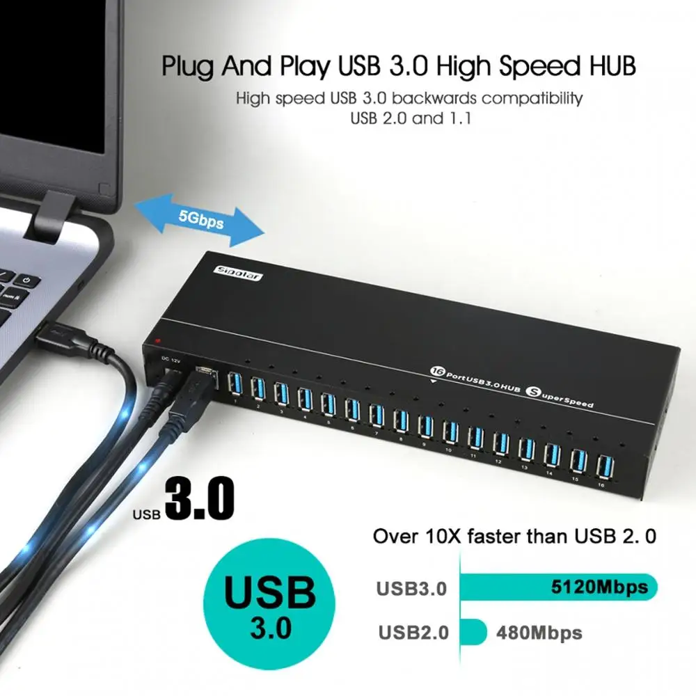 A-316 Sipolar 16 Ports 62Industrial Métal USB3.0 Syncs de Données et airies de Charge avec 120W Puissance pour iPhone iPad Tablettes