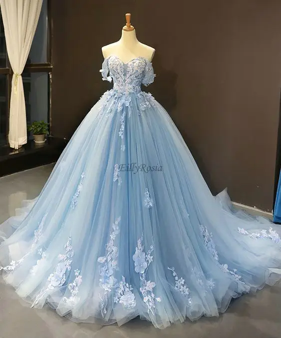 

Light Blue Prom Dresses Ball Gown Off the Shoulder Lace Appliques Princess Girls Graduation Dress Miss Beauty Pageant Gowns