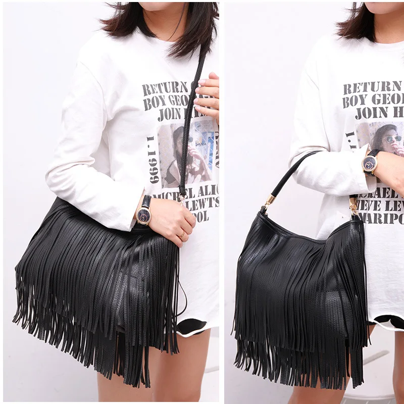 Fashion zipper high quality Solid color soft leather double side tassel bag portable women\'s bag single shoulder cross arm bag