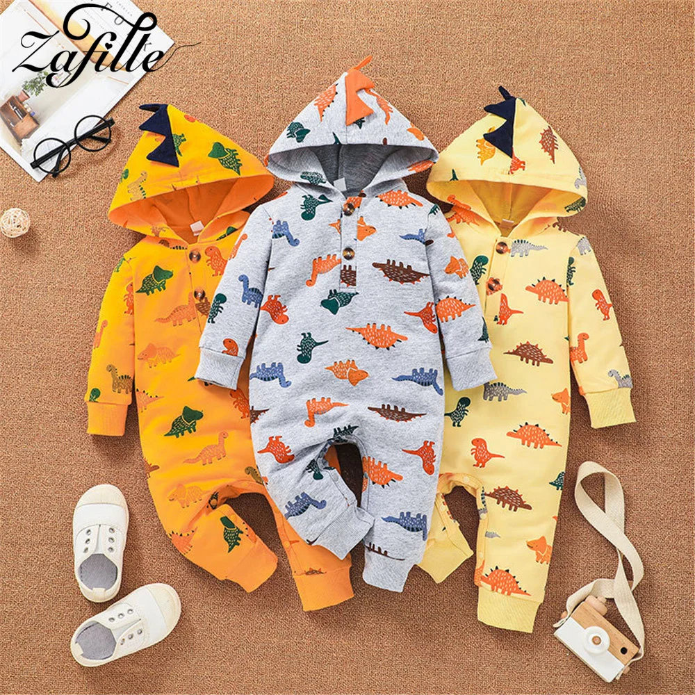 

ZAFILLE 2021 Baby Romper 10 Colors Cotton Solid Zipper Dinosaur Hooded Jumpsuit For Baby Overalls Unisex Newborn Baby Clothes