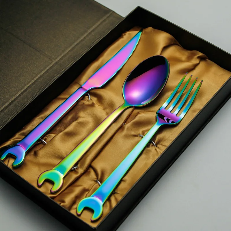 Jishi 304 stainless steel tableware creative wrench stainless steel cutlery fork black gold plated cutlery fork spoon gift set