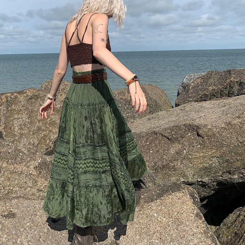 Women Vintage Summer Green Skirts High Waist Tie-Up Long Skirt Beach Style A Line Holiday Grunge Fairycore Skirt Streetwear