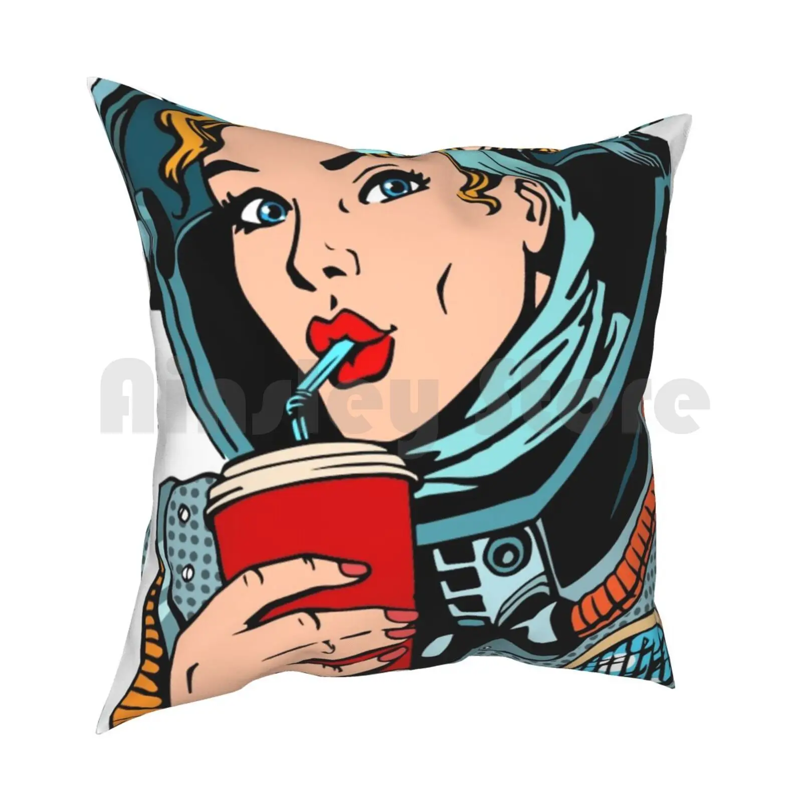 Space Woman In Red Lipstick Drinking Pillow Case Printed Home Soft Throw Pillow Pop Art Red Lipstick Kiss Pop Culture