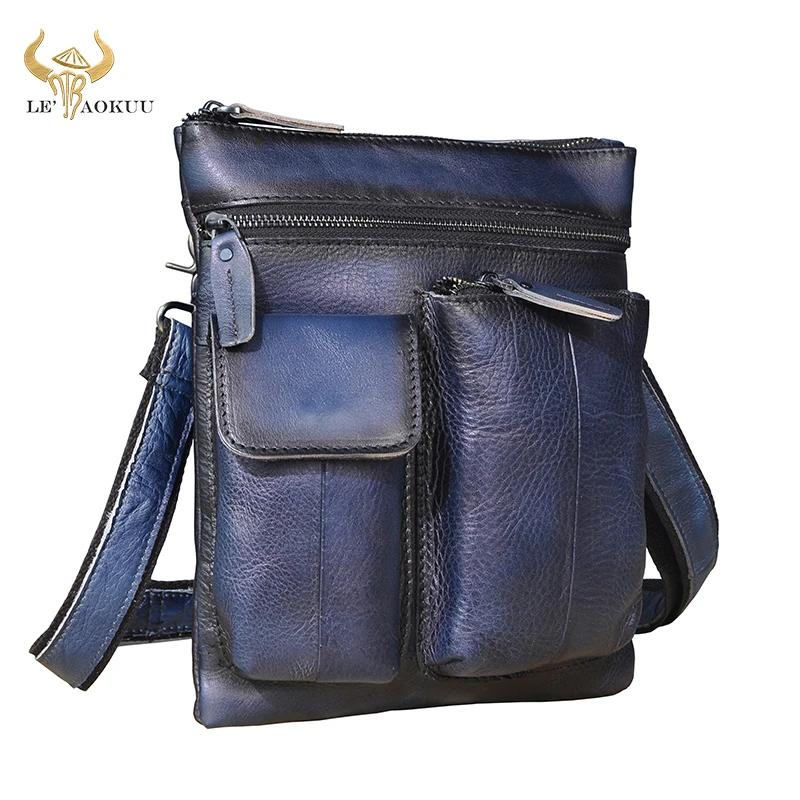 Real Leather Male Casual Design School Fashion Blue Messenger Crossbody bag Fashion School Book Tablet Satchel bag Men 308