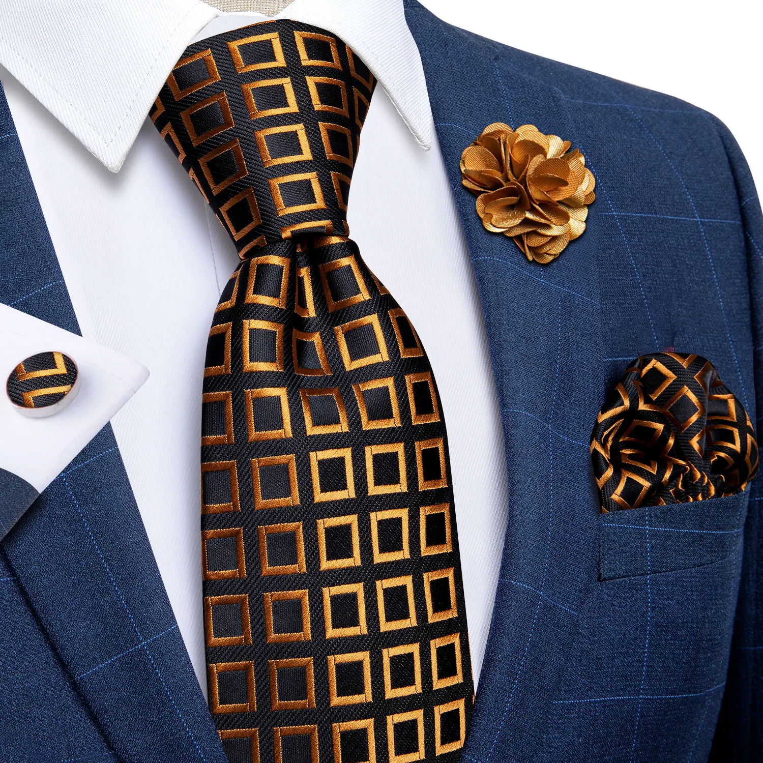 Blaue silberne Paisley-Krawatten für Herren, luxuriöses 8 cm breites Set mit Krawatte, Einstecktuch, Manschettenknöpfen, Brosche, Weihnachtsgeschenke für Männer – Detail 30