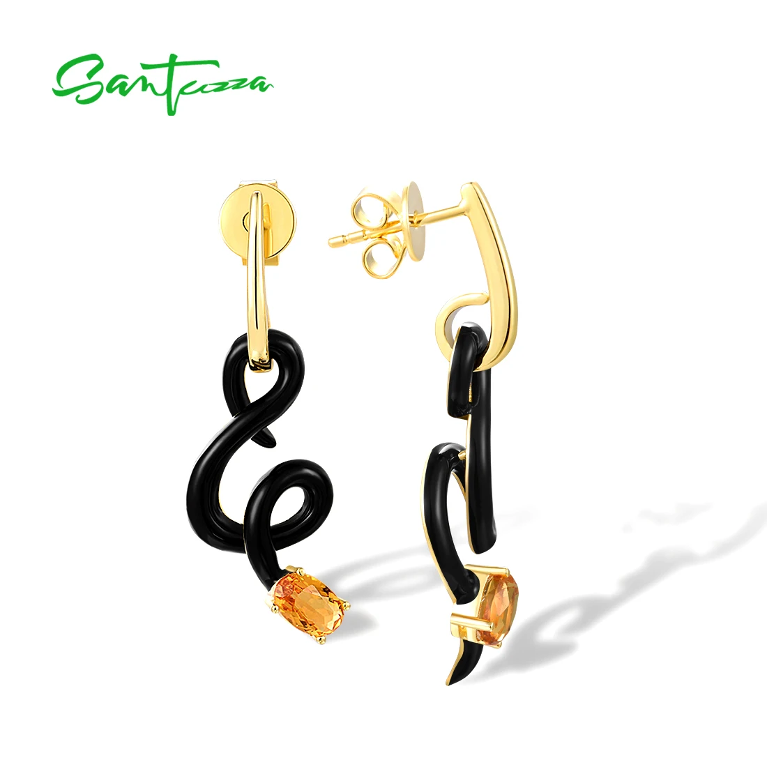 SANTUZZA 925 Sterling Silver Earrings For Women Yellow Stone Irregular Asymmetric Curved Line Black Enamel Fine Jewelry Handmade