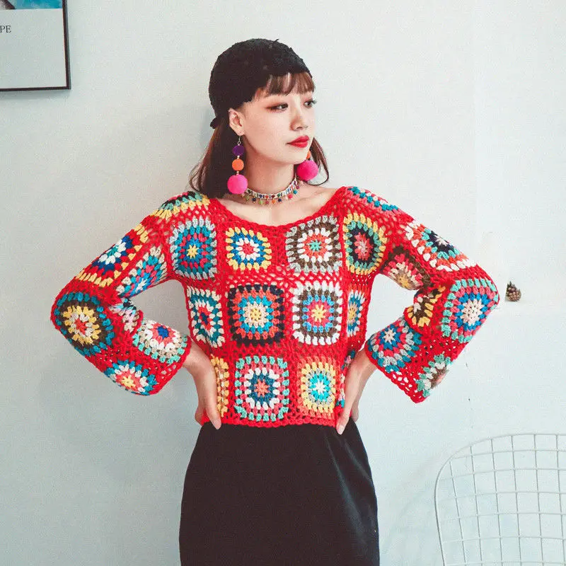 

Retro Long-sleeved Sweater 2023 Spring And Summer Fashion Women's Short Cut-out Blouse Ethnic Casual Knit Sweater