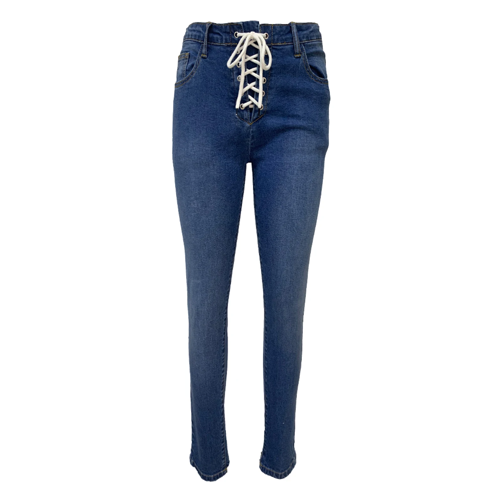 Nice Pop Autumn Winter Girls Long Jeans, Ladies Vogueable Slim Style Solid Color Mid Waist Lace Up Casual Denim Pants