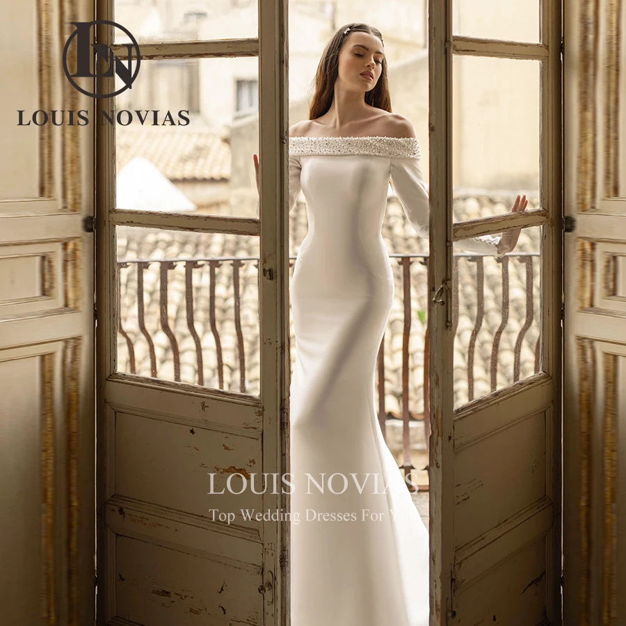 

LOUIS NOVIAS New Arrival Weding Dress Sexy Simple Long Sleeve Satin Bridal Gown 2In1 Detachable Train Vestidos De Novia