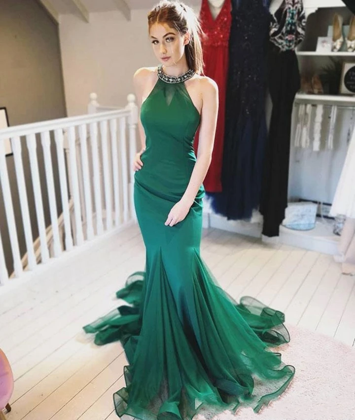 Dark Green Beaded Mermaid Formal Evening Dress 2025 Sleeveless Satin Long Prom Party Gowns Tulle Sweep Train Robe De Soriee