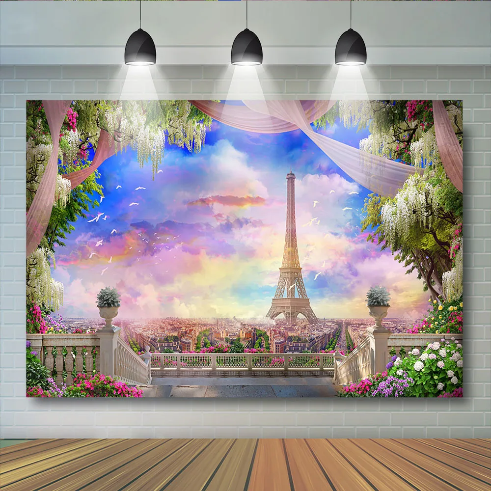 Paris Eiffel Tower Photography Background Balcony Girl Portrait Summer Adult Kids Party Backdrop Coulurful Sky Kids Photostudio
