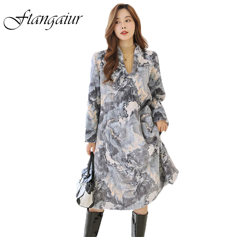 Ftangaiur Winter Imported Copenhagen Purple Label Mink Coat Print Flower Women Turn-Down Collar Medium Real Mink Fur Coats