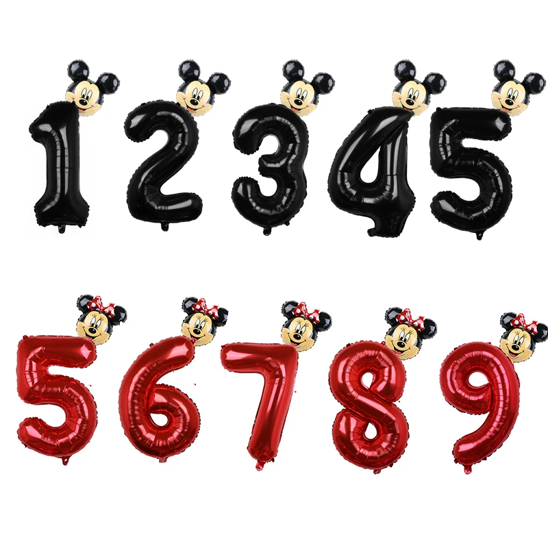 Disney 32inch Red Black Number Foil Balloons Mickey Minnie Head Balloon Figure 1 2 3 4 5 Year Kids Boy Girl Birthday Party Decor