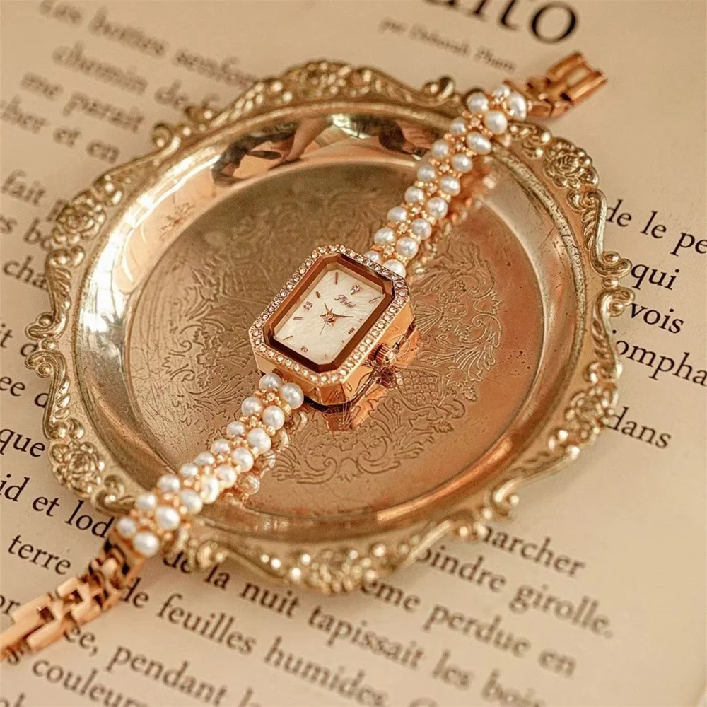 Natural Pearls Bracelets Watches Women Summer Fashion Dress Jewelry Watches Rectangle Square Wrist watch Quartz Crystals Clocks