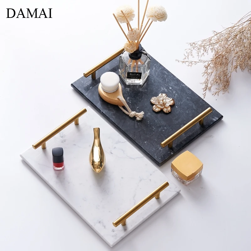 

Natural Marble Ceramic Trays Decorative Gold Inlay Handle Bathroom Toiletries Skincare Storage Plates Jewelry Display Tray