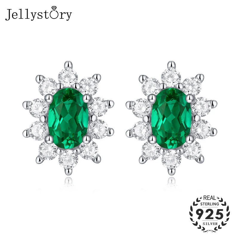 

Jellystory luxury charm earrings 100% 925 sterling silver 4*6mm oval shape 1carat emerald stud earring jewelry for women wedding