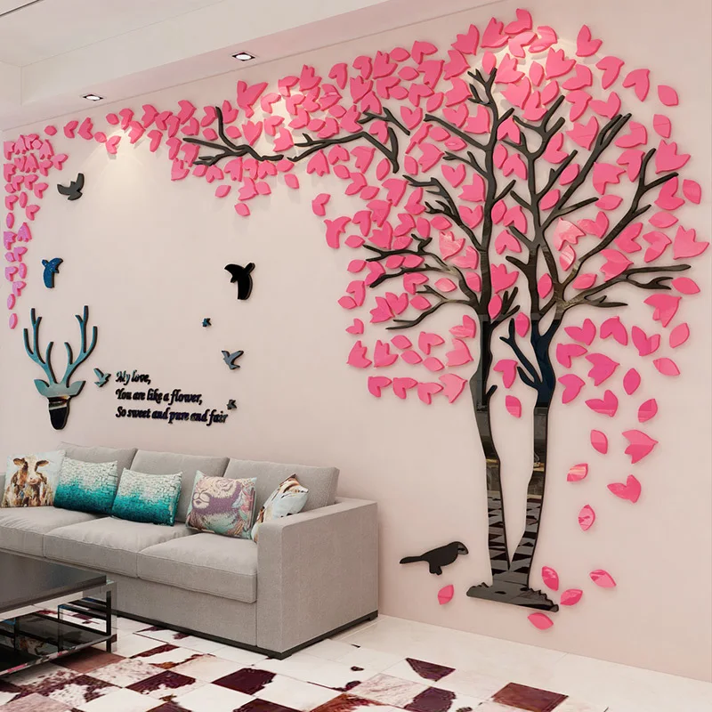 

Forest Deer 3d Wall Sticker Smooth Mirror Acrylic Sitcker For Sofa Tv Background Wall Decor Creative Lovers Tree Wallpaper Mural