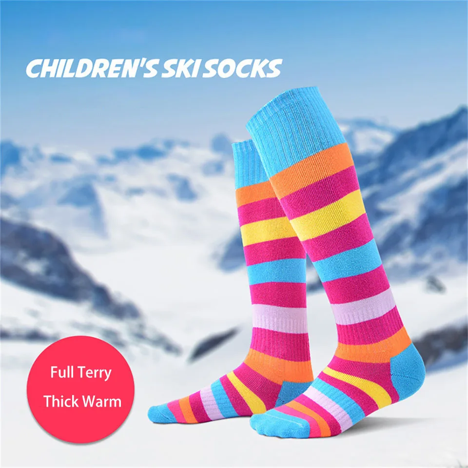 GOBYGO Skiing Socks Boys Girls Outdoor Sports Thickened Full Terry Socks Long Tube Striped Children Roller Skating Ski Stockings