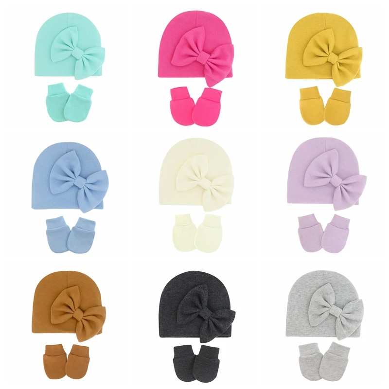 

Infant Comfortable Warm Knitting Hat and Glove Set Solid Color Bows Newborn Cap Baby Anti-eat Hand Anti-Grab Face Protect Mitten