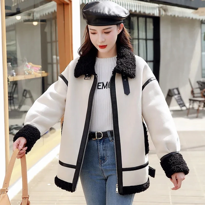 Lamb Wool Coat Women\'s Short Winter 2024 Loose Faux Fur Jacket All-Match Plus Velvet Thick Motorcycle Jacket Ladies Zipper Tops