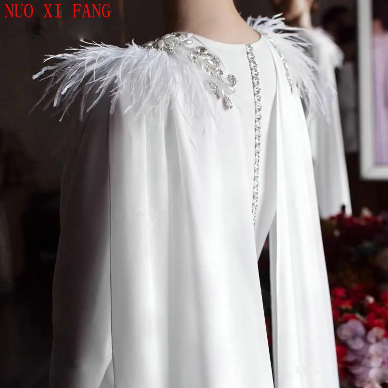 Bianco Robe De Mariage Arabo Musulmano Abito Da Sposa 2020 Manica Lunga di Cristallo Chiffon Abito Da Sposa Con La Piuma Abiti Da Sposa