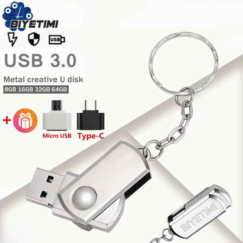 Biyetimi USB 3.0 stick pen drive 128gb flash drive Stainless Steel 16gb 32gb 64gb pendrive memory with keychain