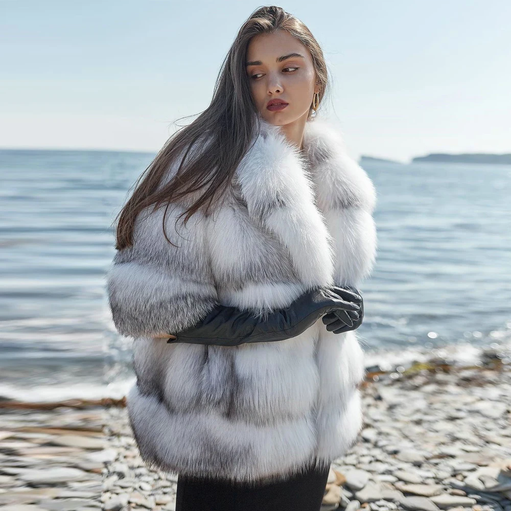 Women Natural Cross Fox Fur Jacket with Turn-down Collar Thick Warm Woman Fur Overcoats Winter Fashion Genuine Fur Overcoat 2022