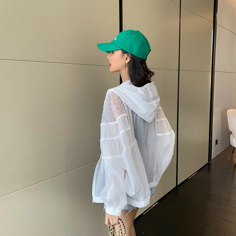 Max LuLu Summer 2021 British Fashion Sun Protective Clothing Ladies Sequins White Jackets Ladies Casual Hooded Oversized Coats