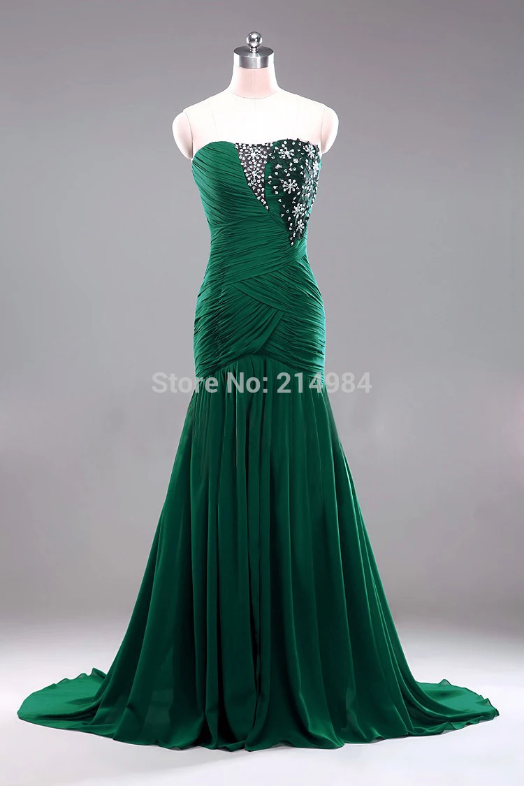 Vestido de noiva spedizione gratuita nuova vendita calda Sexy sirena ricamo nero abito da sera a sirena in Chiffon pieghettato verde scuro 2018