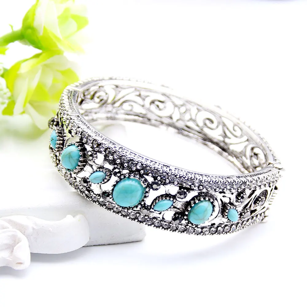SUNSPICEMS Old Silver Color Turkish Women Bangle Ring Set Natural Stone Vintage Indian Jewelry Ethnic Wedding Cuff Bracelet Ring