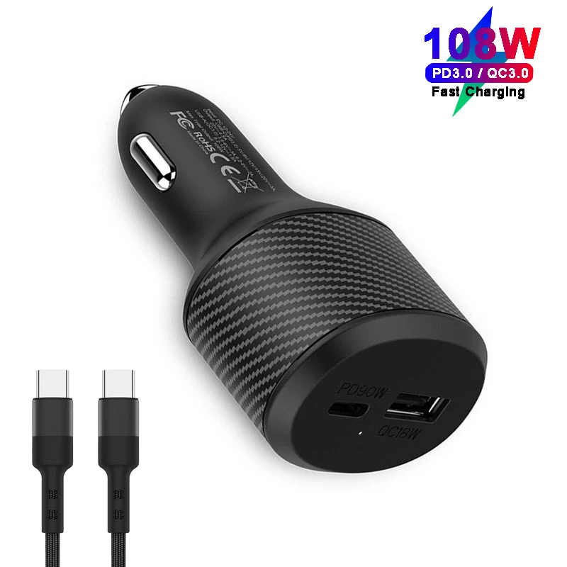 Adaptador de carga rápida para coche, dispositivo USB PD QC3.0 de 108W para MacBook, iPhone 12 Pro Max 11, SAMSUNG, Dell, Nintendo, ordenador portátil de 90W/60W/45W/30W/20W